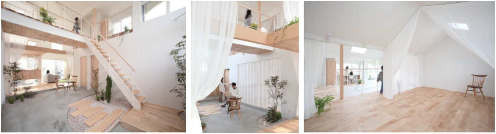 小舟木の家　土間スペースを中心とした間取り　居室は透け感のあるカーテンで緩やかに区切る